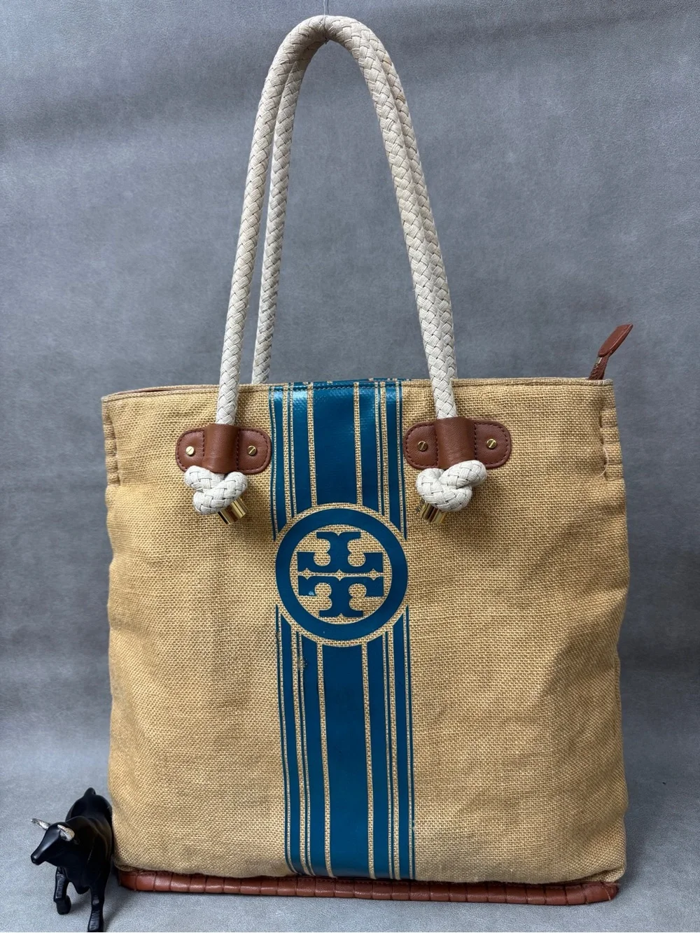 Tory Burch Tan Canvas Tote with Blue Stripe and White Rope Handles